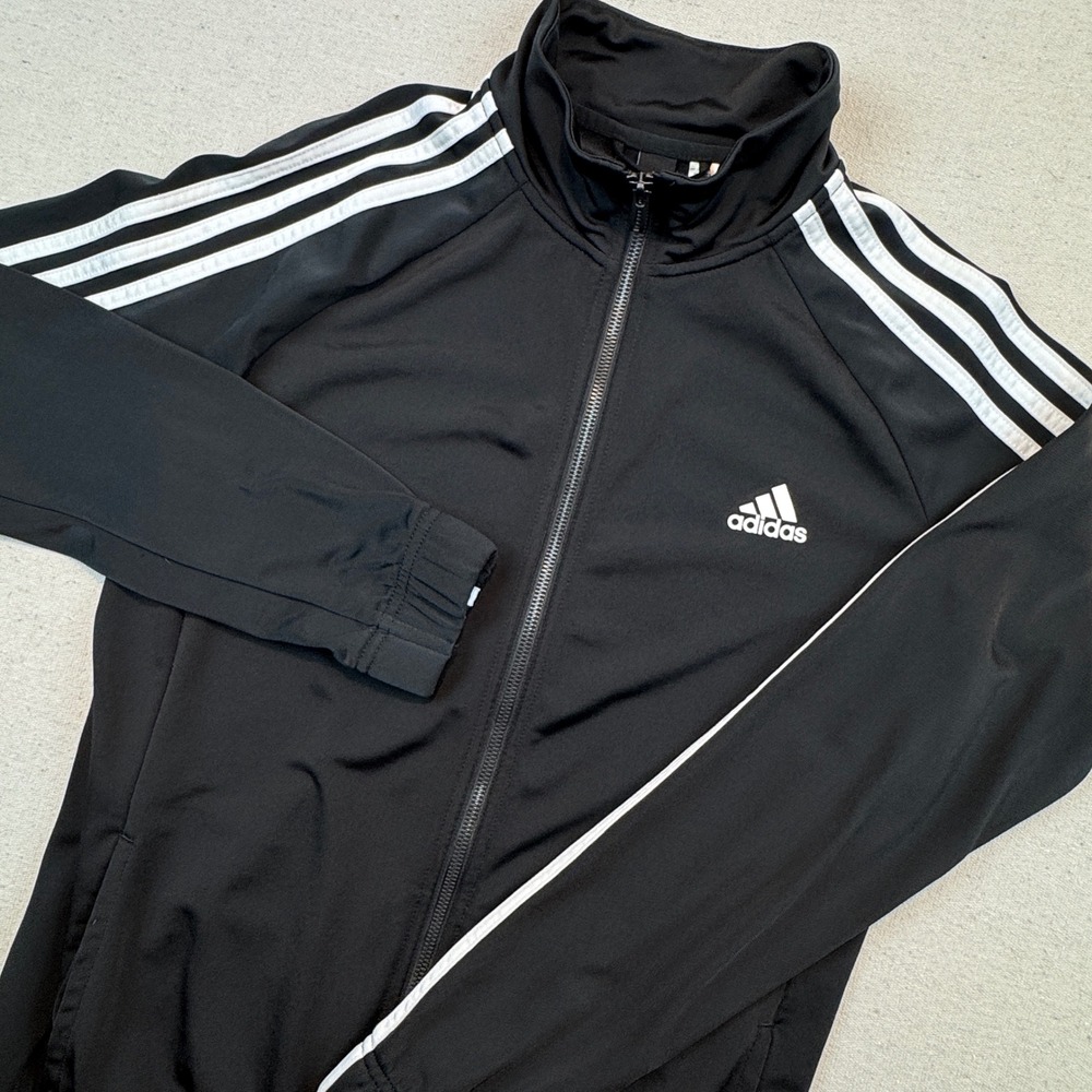 Adidas Mens Track Jacket Size Medium Black White 3-Stripe Full Zip Mock Neck